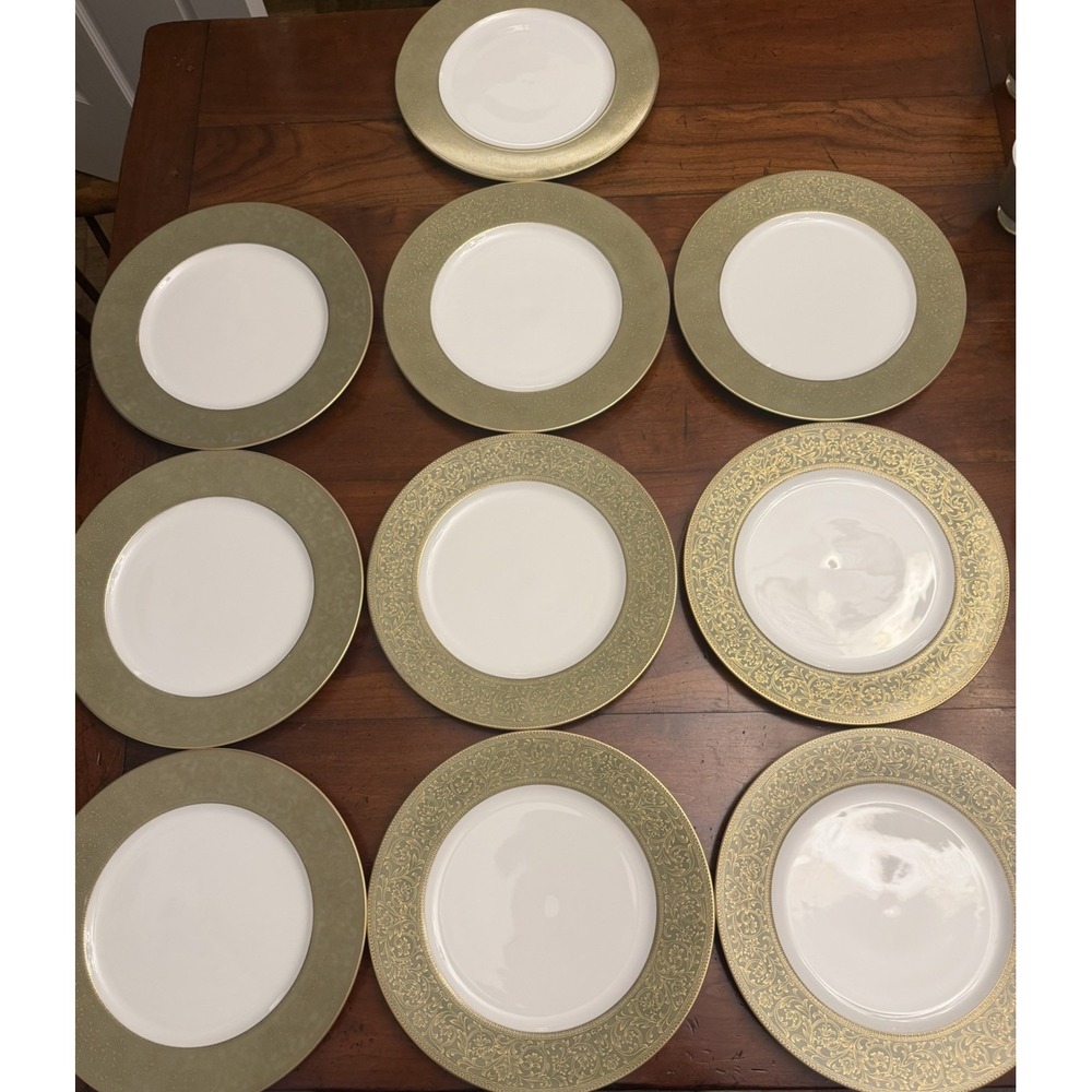 Set of 10 Sango Japan Versailles 3632 Dinner Plates 10.5" Green Gold Vintage
